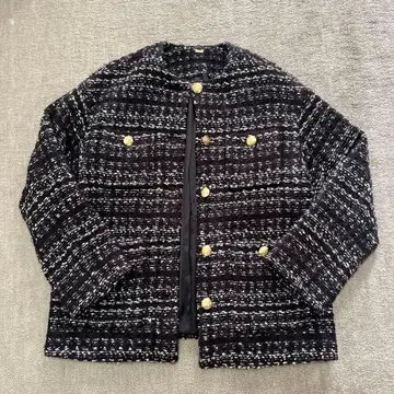 미라 오웬 트위드 노카라 자켓 골드 버튼