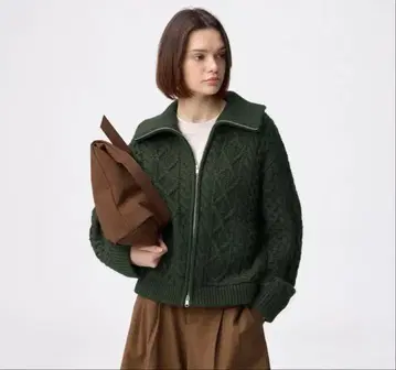 GU 케이블 니트 블루종 M 올리브