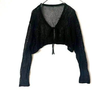 슈퍼 크롭 시어 가디건 메쉬 가디건 블랙 리본 긴팔