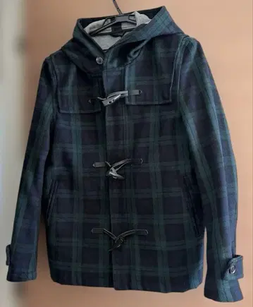 체크 무늬 후드 부착 더플 코트