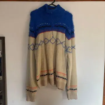 PAMM 기하학 패턴 하이넥 스웨터 하프 지퍼 파랑 리버서블