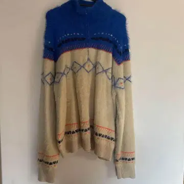 PAMM 기하학 패턴 하이넥 스웨터 하프 지퍼 파랑 리버서블