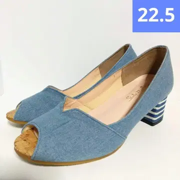 데님풍 캐주얼 펌프스 와이드 힐 보더 여성용