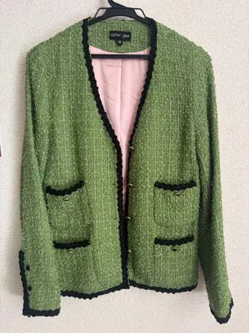 그린 트위드 노카라 자켓