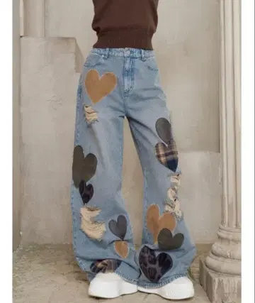 Darich 다리치 랜덤 하트 패치워크 데님 팬츠 S 사이즈