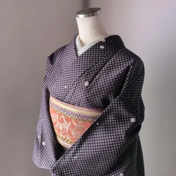 보라색 격자 무늬 코몬 기모노 오비 포함