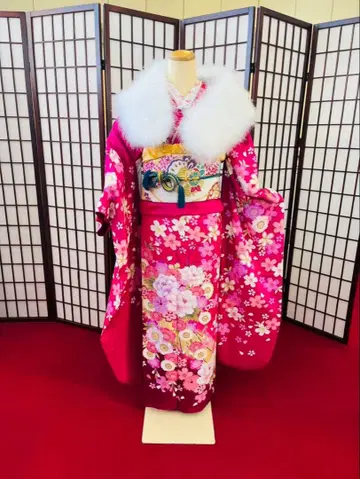 핑크 꽃무늬 후리소데 후쿠로 오비 오비아게 오비시메 카사네에리 숄 6세트