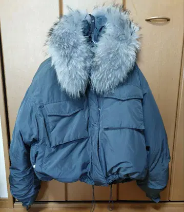 퍼 달린 그레이 숏 다운 자켓