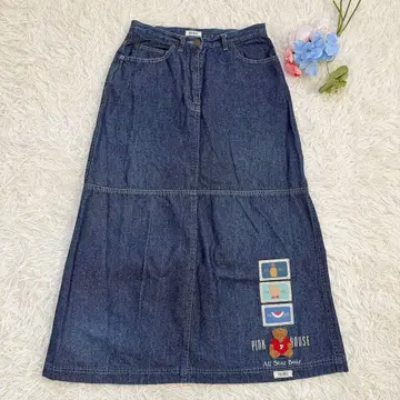 새상품급 PINK HOUSE 데님 롱 스커트 블루 곰 와펜 자수