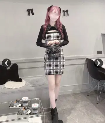 허니뮤우 체크 앙상블 롱 슬리브 원피스 프리 사이즈