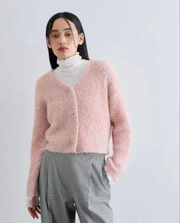 VIS 페더 리본얀 다단추 가디건 핑크 F
