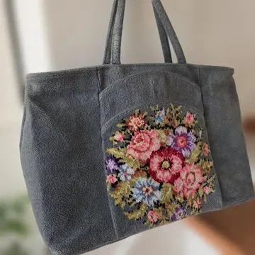 페이 그레이 꽃무늬 자수 빅 사이즈 토트백