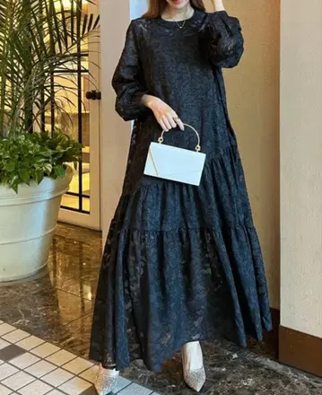 자카드 플라워 롱 원피스