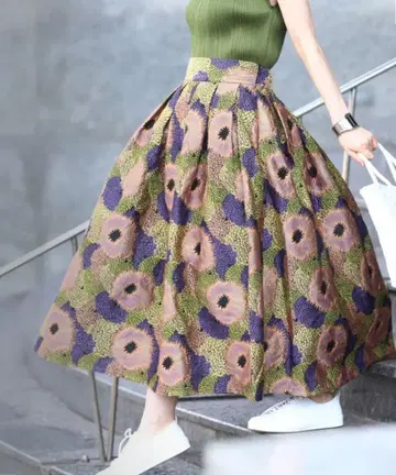 Cawaii 꽃무늬 플레어 롱 스커트