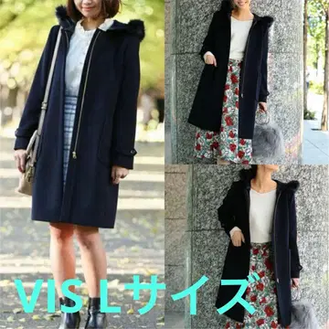 VIS 후드 퍼 달린 지퍼 롱 코트 L 블랙