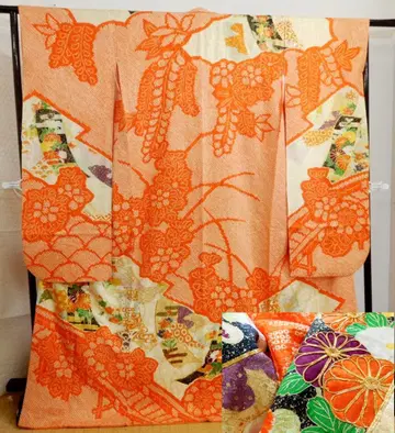 순수 실크 쇼와 레트로 본 시보리 염색 후리소데 금채 금 부품 자수