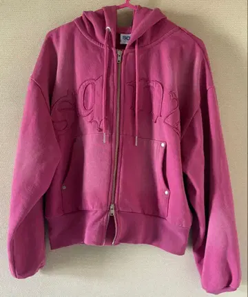 SEQUENZ 핑크 지퍼 후드티 더블 지퍼 크롭 y2k