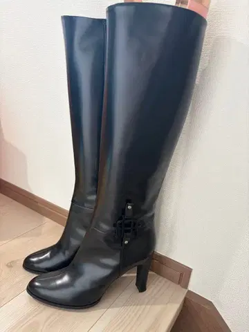 블랙 가죽 롱 부츠 힐 9cm