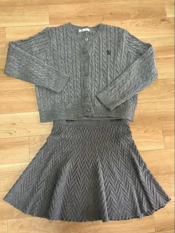 그레이 케이블 짜임 니트 스커트 셋업 한국 스타일