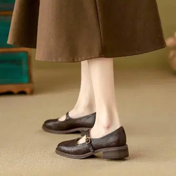 천연 가죽 로퍼 스트랩 벨트 신발 브라운 가죽 신발 금장 장식 골드 3