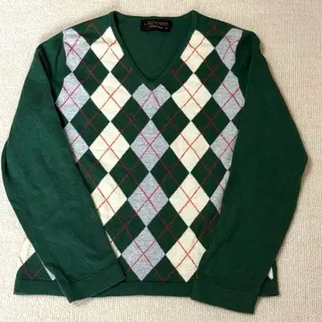 캐시미어 100% 니트 스웨터 아가일 무늬 그린 V넥 M