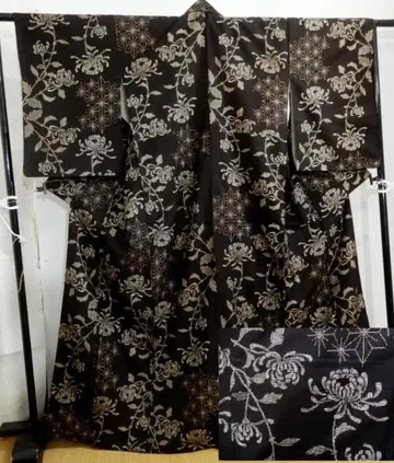 순수 실크 앤티크 본장 오시마 명주 기모노 국화 본 진흙 염색