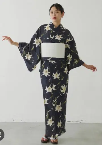 꽃무늬 백합 스즈란 네이비 유카타 오비 조리 세트