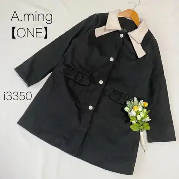 바이컬러 롱 코트 리본 포함 펄 버튼 블랙 [ ONE ]