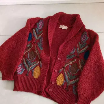 마리무라 긴팔 가디건 쇼와 레트로 꽃 자수 빨간색 빈티지