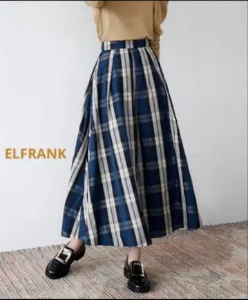 ELFRANK [ 엘프랭크 ] 체크 턱 플레어 롱 스커트 네이비 계열 F