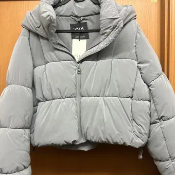 ZARA 후드 부착 그레이 크롭 다운 자켓
