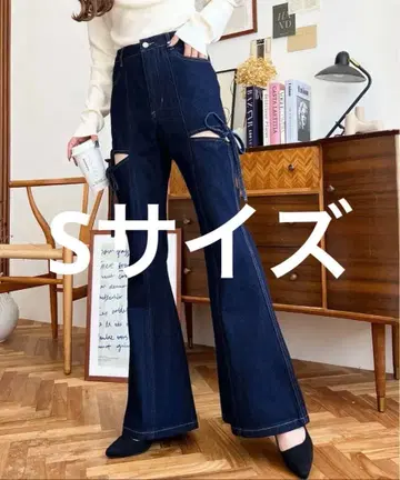 컷 아웃 리본 데님 팬츠