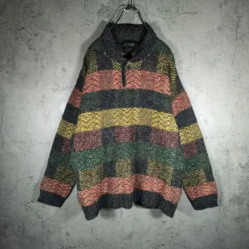 [ 이탈리아제 ] 레트로 멀티 컬러 숄카라 하프 버튼 니트 XL