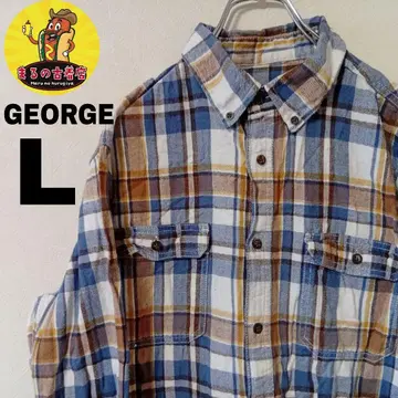 USA 구제 의류 GEORGE 플란넬 셔츠 L 블루 화이트 체크