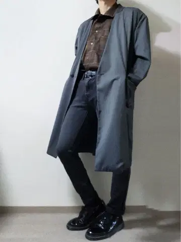 HARE 롱 자켓 롱 코트 노카라 코트 그레이