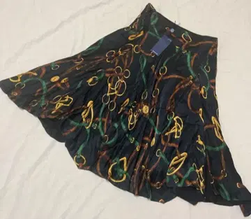 랄프 로렌 실크 100% 종아리 기장 스커트 올 패턴 벨트 패턴 블랙 S