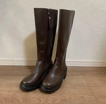 브라운 롱 부츠 통굽 사이드 지퍼