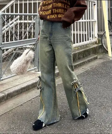 차오패닉 밑단 리본 하이웨스트 플레어 데님 베이지 S 사이즈