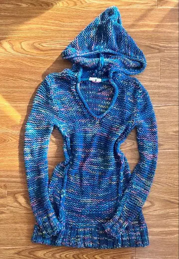 ROXY 후드 부착 니트 스웨터 파랑 다색 갸루