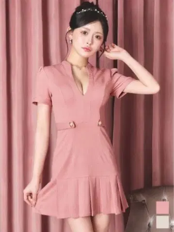 핑크 V넥 프릴 드레스