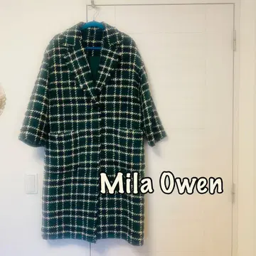 Mila Owen (밀라 오웬) 그린 계열 트위드풍 체크 무늬 롱 코트