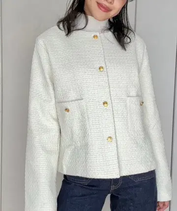 [택 포함] 화이트 노카라 트위드 자켓