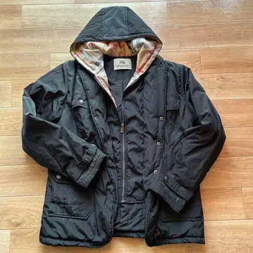 블랙 체크 무늬 다운 자켓 후드 부착