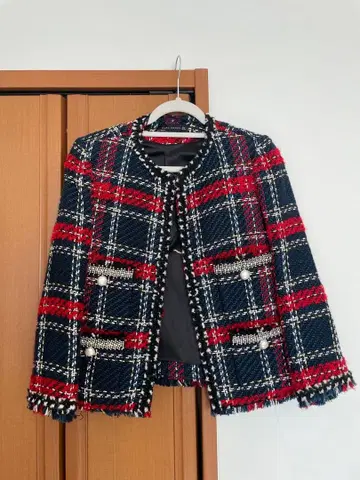 ZARA 트위드 자켓 노카라 네이비/레드