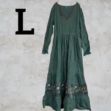 하나뿐인 꽃무늬 자수 롱 원피스 [ L ] 그린 긴팔 레트로 구제 의류