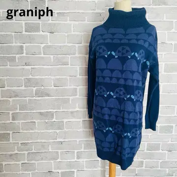 graniph 터틀넥 니트 원피스 네이비 패턴 편직 튜닉 B581