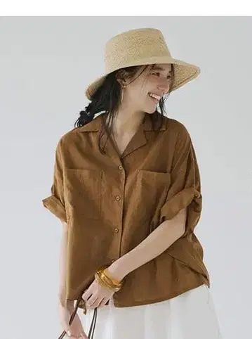 스튜디오 클립 택 *새상품* 코튼 린넨 시어 오픈 카라 셔츠 *브라운