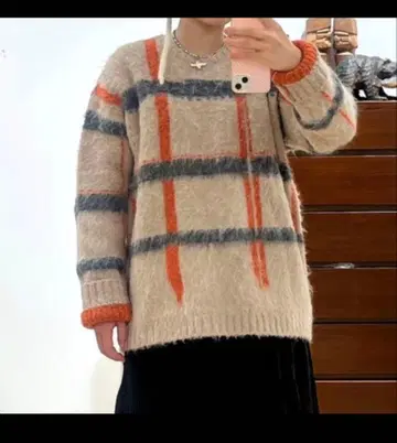 pamm 투명한 공기의 체크 니트 오렌지