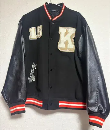 shaggy 바시티 자켓 패치워크 가죽 자수 블랙