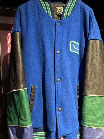 바시티 자켓 파랑 울 가죽